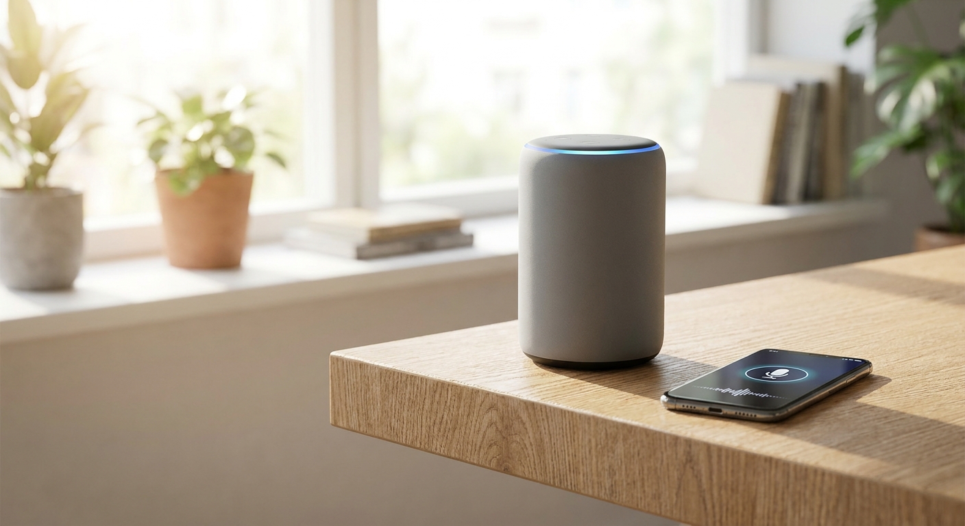 Smart speaker and smartphone illustrating voice assistant eavesdropping risks in a home setting