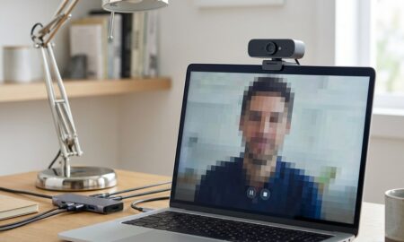 Webcam keeps freezing during a video call shown on a laptop screen with a USB hub nearby