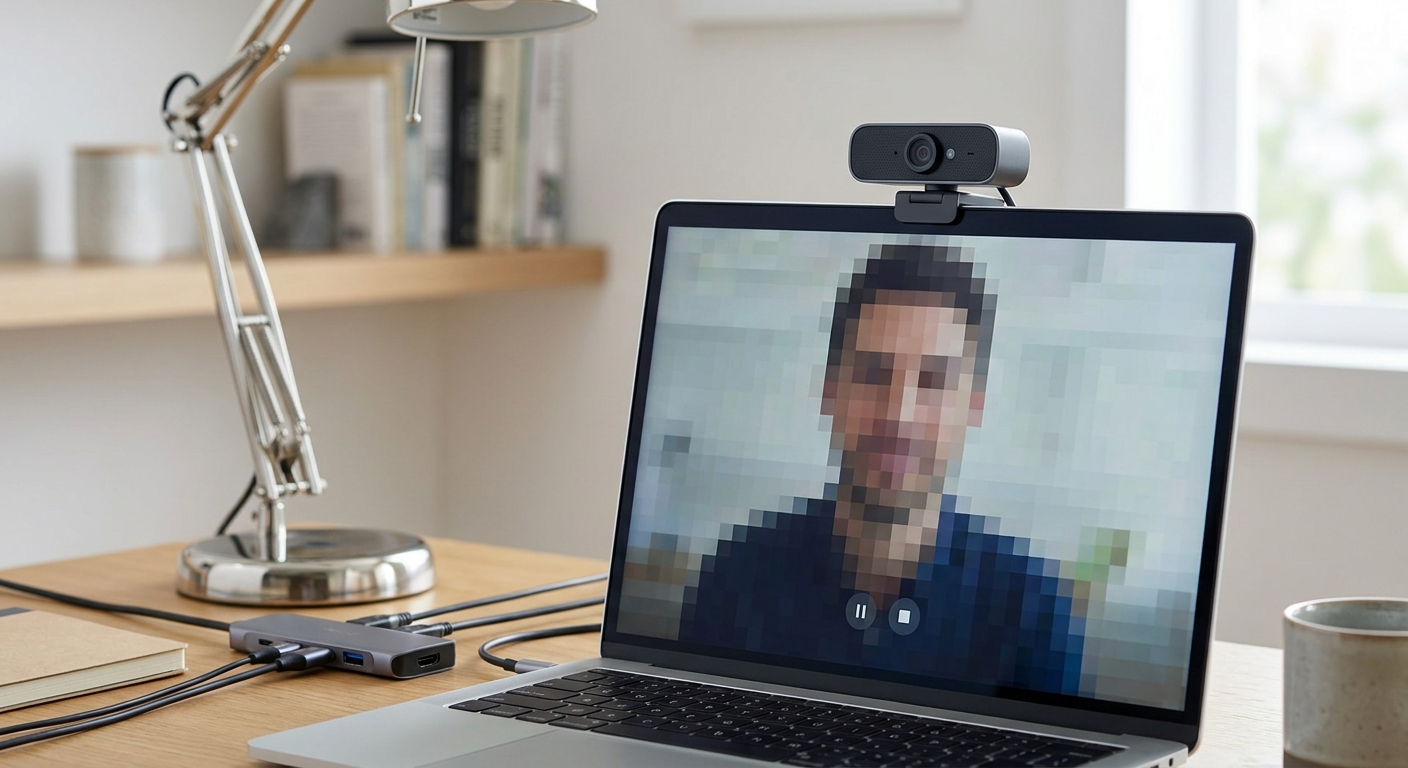 Webcam keeps freezing during a video call shown on a laptop screen with a USB hub nearby